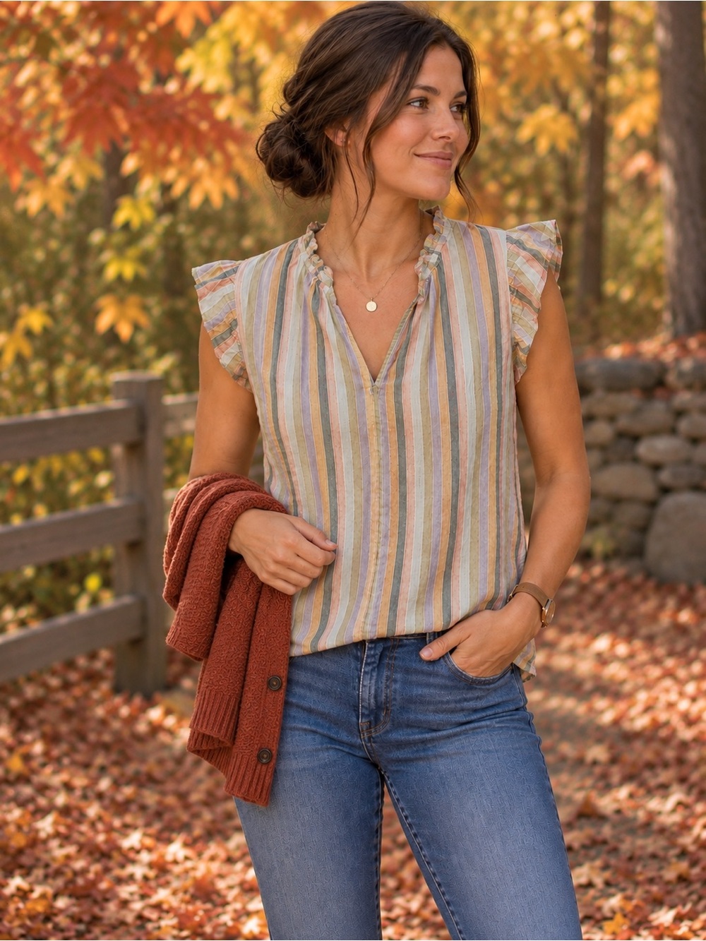 GAP Pastel Multistripe V-Neck Ruffle Sleeve Blouse
